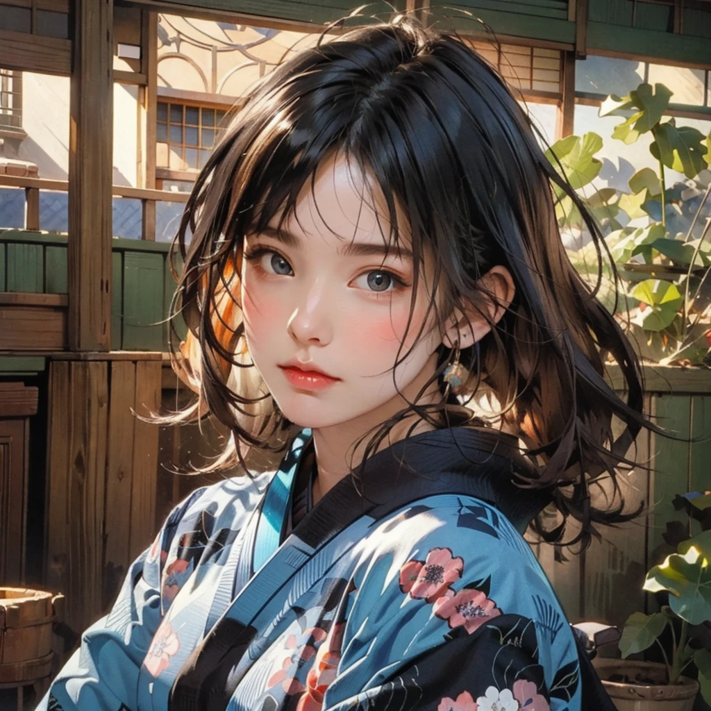 (highest quality、8k、32k、masterpiece)、(masterpiece, up to date,Exceptional:1.2), Anime, One girl,Front hair,black_hair, Beautiful 8k eyes,Looking_in_Audience,One person in,Are standing,((Very beautiful woman, Fuller lips, Japanese pintern kimono))、((Colorful Japanese kimono)))、(((Medium Shot)))、Blunt bung、(High resolution)、Very beautiful face and eyes、1 girl 、Round and small face、Narrow waist、delicine body、(highest quality high detail Rich skin details)、(highest quality、8k、Oil paints:1.2)、Very detailed、(Realistic、Realistic:1.37)、Bright colors、(((blackhair)))、(((longhair)))、(((cowboy pictures)))、((( Inside an old Japanese house)))、(masterpiece, highest quality, highest quality, Official Art, beautifully、aesthetic:1.2), (One girl), Very detailedな,(Fractal Art:1.3),colorful,Most detailed,Sengoku period(High resolution)、Very beautiful face and eyes、1 girl 、Round and small face、Tight waist、Delicine body、(highest quality high detail Rich skin details)、(highest quality、8k、Oil paints:1.2)、(Realistic、Realistic:1.37)、Greg Rutkowski Written by Alphonse Mucha Ropp, sun lips