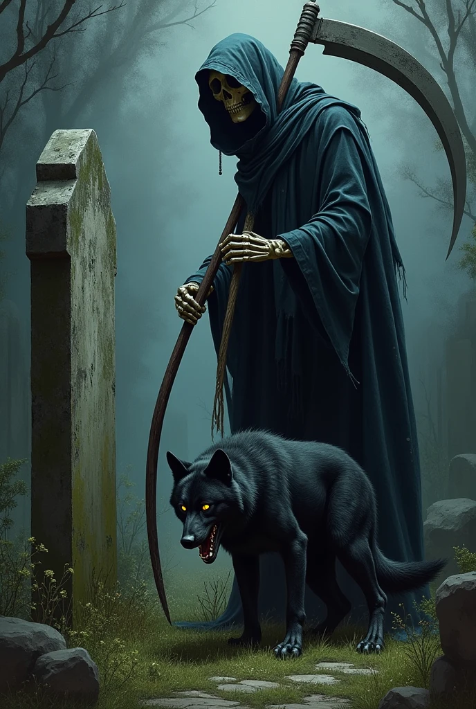 Illustrated character grim reaper with scythe inside the cemetery looking very angry. I would like to see you looking at a tombstone in profile. Next to it, add a black wolf with very fierce yellow eyes..