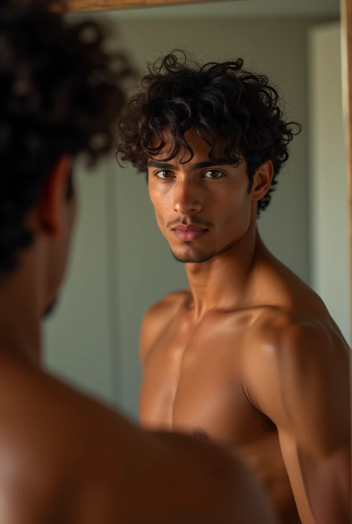 Selfie in mirror Mexican American guy 21 ultra realistic curly hair shirtless