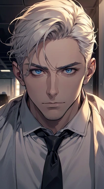 (best quality, masterpiece, 8K, photorealistic, cinematic lighting, hdr image, ultra detailed, beautiful image), 1 man, 31 years old, mature man, very handsome, (without expression, serious), short white hair, blue eyes ( penetrating gaze), perfect face without errors, imposing posture, without errors, businessman, office background