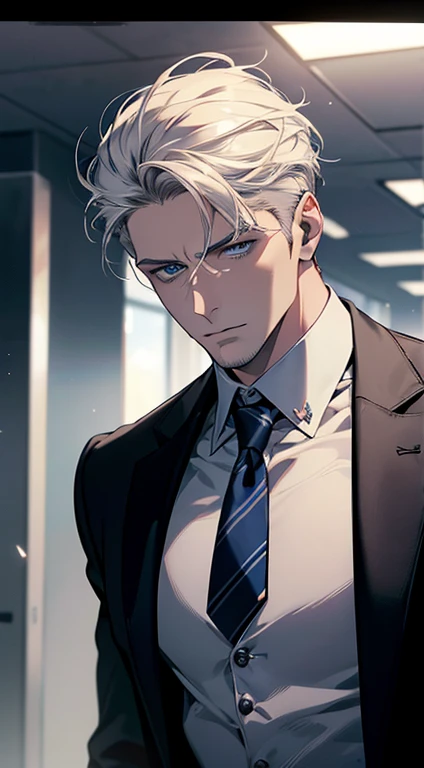 (best quality, masterpiece, 8K, photorealistic, cinematic lighting, hdr image, ultra detailed, beautiful image), 1 man, 31 years old, mature man, very handsome, (without expression, serious), short white hair, blue eyes ( penetrating gaze), perfect face without errors, imposing posture, without errors, businessman, office background