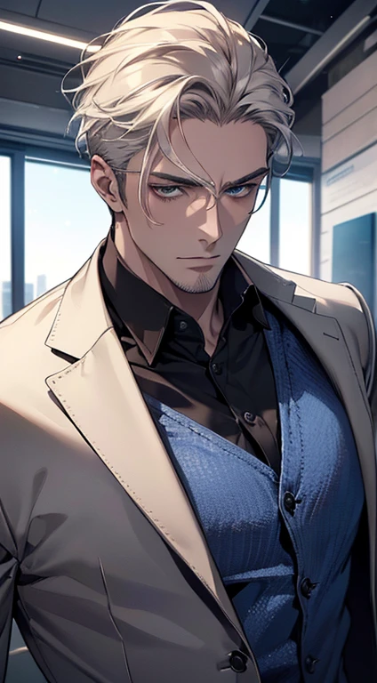 (best quality, masterpiece, 8K, photorealistic, cinematic lighting, hdr image, ultra detailed, beautiful image), 1 man, 31 years old, mature man, very handsome, (without expression, serious), short white hair, blue eyes ( penetrating gaze), perfect face without errors, imposing posture, without errors, businessman, office background