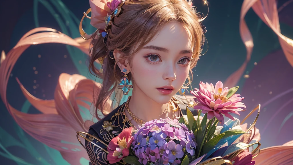 32K, 最高quality, 最高masterpiece, (ultra-Detailed Background, Detailed Background), High resolution, Super detailed, Very detailedな, One girl, (bouquet:1.3), (Tangled:1.2), (Geometric:1.2),(colorful),(masterpiece, quality, best quality, Official Art, Beautiful and beautiful:1.2), (1 girl:1.3), Very detailed,(colorful:1.1)(Flowers:1.3),Most detailed,(Tangled:1.2), whole body, (Abstract background:1.3), (Skin glows), (Many colors:1.4), ,(Earrings Jewelry:1.5), Pink Background,