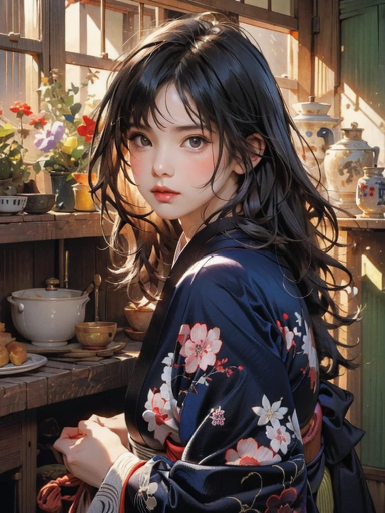 (highest quality、8k、32k、masterpiece)、(masterpiece, up to date,Exceptional:1.2), Anime, One girl,Front hair,black_hair, Beautiful 8k eyes,Looking_in_Audience,One person in,Are standing,((Very beautiful woman, Fuller lips, Japanese pintern kimono))、((Colorful Japanese kimono)))、(((Medium Shot)))、Blunt bung、(High resolution)、Very beautiful face and eyes、1 girl 、Round and small face、Narrow waist、delicine body、(highest quality high detail Rich skin details)、(highest quality、8k、Oil paints:1.2)、Very detailed、(Realistic、Realistic:1.37)、Bright colors、(((blackhair)))、(((longhair)))、(((cowboy pictures)))、((( Inside an old Japanese house)))、(masterpiece, highest quality, highest quality, Official Art, beautifully、aesthetic:1.2), (One girl), Very detailedな,(Fractal Art:1.3),colorful,Most detailed,Sengoku period(High resolution)、Very beautiful face and eyes、1 girl 、Round and small face、Tight waist、Delicine body、(highest quality high detail Rich skin details)、(highest quality、8k、Oil paints:1.2)、(Realistic、Realistic:1.37)、Greg Rutkowski Written by Alphonse Mucha Ropp, sun lips