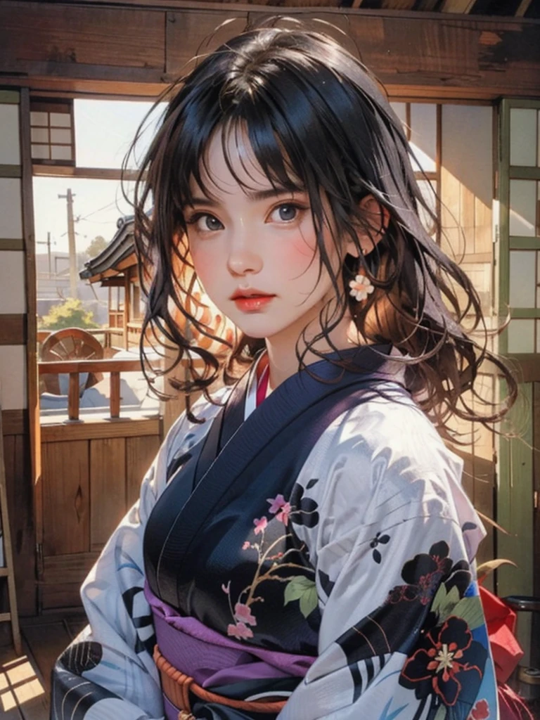 (highest quality、8k、32k、masterpiece)、(masterpiece, up to date,Exceptional:1.2), Anime, One girl,Front hair,black_hair, Beautiful 8k eyes,Looking_in_Audience,One person in,Are standing,((Very beautiful woman, Fuller lips, Japanese pintern kimono))、((Colorful Japanese kimono)))、(((Medium Shot)))、Blunt bung、(High resolution)、Very beautiful face and eyes、1 girl 、Round and small face、Narrow waist、delicine body、(highest quality high detail Rich skin details)、(highest quality、8k、Oil paints:1.2)、Very detailed、(Realistic、Realistic:1.37)、Bright colors、(((blackhair)))、(((longhair)))、(((cowboy pictures)))、((( Inside an old Japanese house)))、(masterpiece, highest quality, highest quality, Official Art, beautifully、aesthetic:1.2), (One girl), Very detailedな,(Fractal Art:1.3),colorful,Most detailed,Sengoku period(High resolution)、Very beautiful face and eyes、1 girl 、Round and small face、Tight waist、Delicine body、(highest quality high detail Rich skin details)、(highest quality、8k、Oil paints:1.2)、(Realistic、Realistic:1.37)、Greg Rutkowski Written by Alphonse Mucha Ropp, sun lips