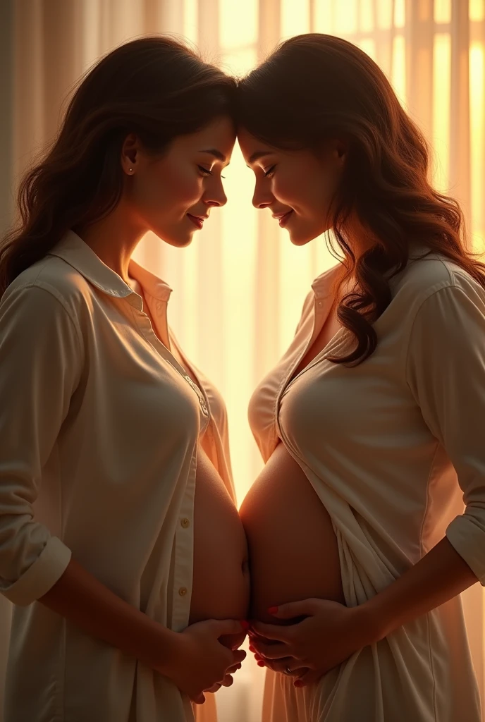 Two lesbian Beautifull Pregnant womans with button shirt big belly