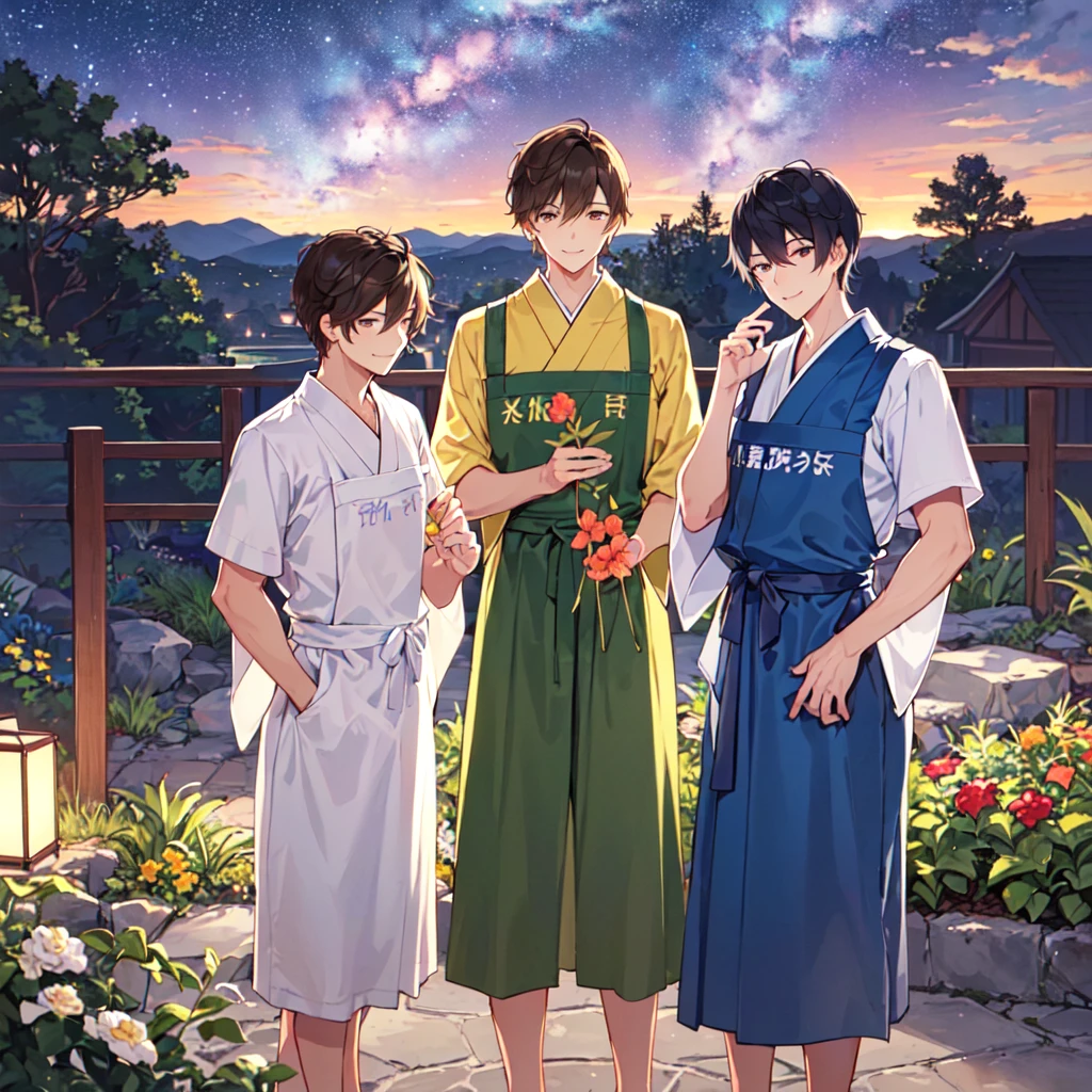 masterpiece, best quality, high quality, extremely detailed, (3 male handsome men age 20 years oldthree alone: 1.5), (short short hair up to neck, bangs to eyes: 1.5), (hair color brown), (eyes yellowish green: 1.3), 8 head tall, (short-sleeved yukata fashion, apron with pants: 1.3), (welcome pose), (dynamic pose), (smile: 1.3), (background summer garden: 1.3), (Milky Way Night Sky:1.3), (group shot: 1.3)