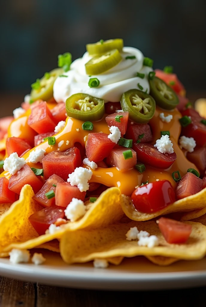 Plate with round nachos covered with diced tomato and white onion, liquid yellow cheese dressings, ketchup and cream with slices of pickled jalapeños. Everything in abundance.