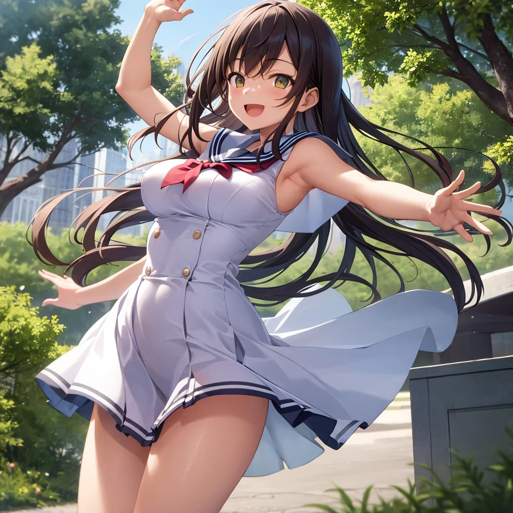 ((best quality)), ((masterpiece)), (detailed), in the park, 1girl, sleeveless sailor school uniform, raising arms, happy, showing her underarms,