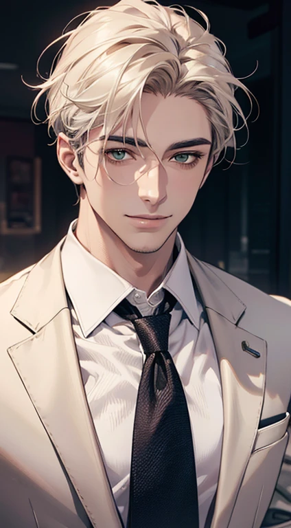 (Highest quality,4K,8K,High resolution,masterpiece:1.2),Super detailed,(Realistic,photoRealistic,photo-Realistic:1.37),1 person,34 years old,Mature Men,Beautiful skin、very handsome,Expressionless smile in love,Short white hair,green eyes,Sharp Eyes,A perfect face without a doubt,Businessman, CEO, Office Background,Cinema Lighting,HDR image,tie、