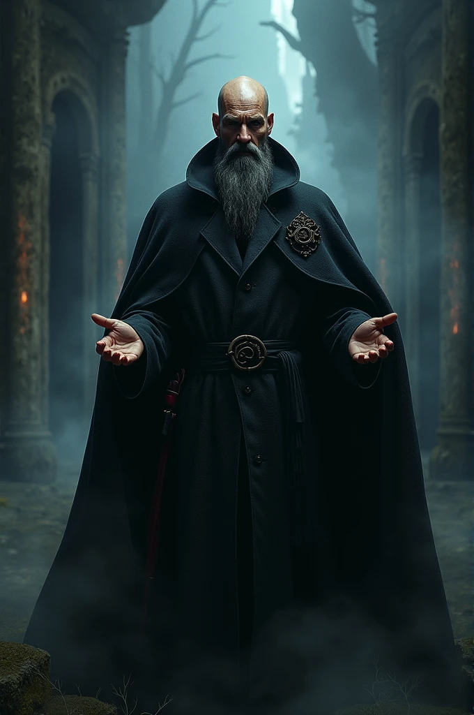 Wizard wearing a black overcoat, he is a little bald and has a short black beard