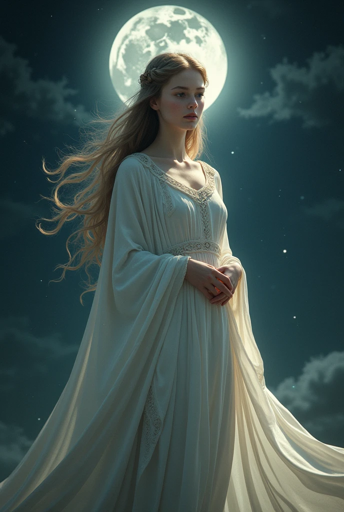 The background is inspired by the new moon.、Beautiful Goddess、Looks about 10 years old、Celtic white clothing