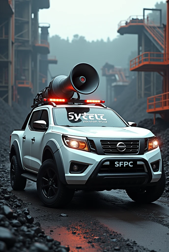 White Nissan Frontier pickup truck in an iron mining environment with a giant megaphone and strobe on the windshield and on the windshield written in white SFPC you can trust