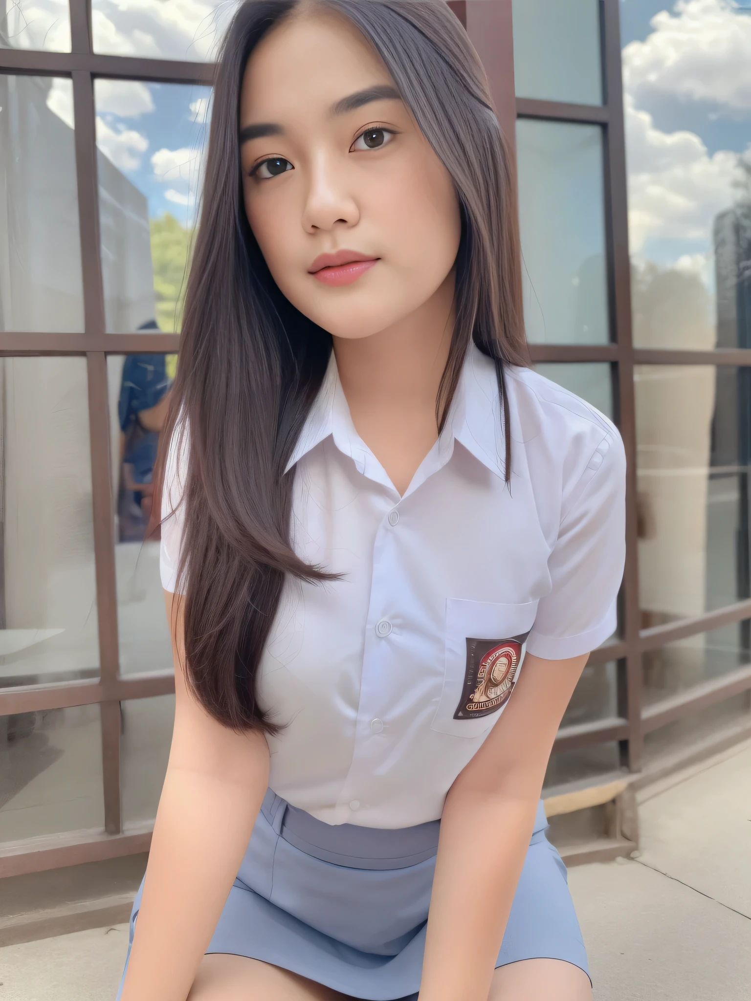 1girl, solo, 19 years old, (uniform), sits on something, detailed Metropolitan city at the background, portrait, thick breasts, semi-curvy body, smooth realistic skin, cute smirk, white shirt, grey blue short skirt, looking at the audience, high angle shot,(8k, RAW photo, best quality, masterpiece: 1.3), (realistic, realistic: 1.37), ultra-high resolution, cowboy shot