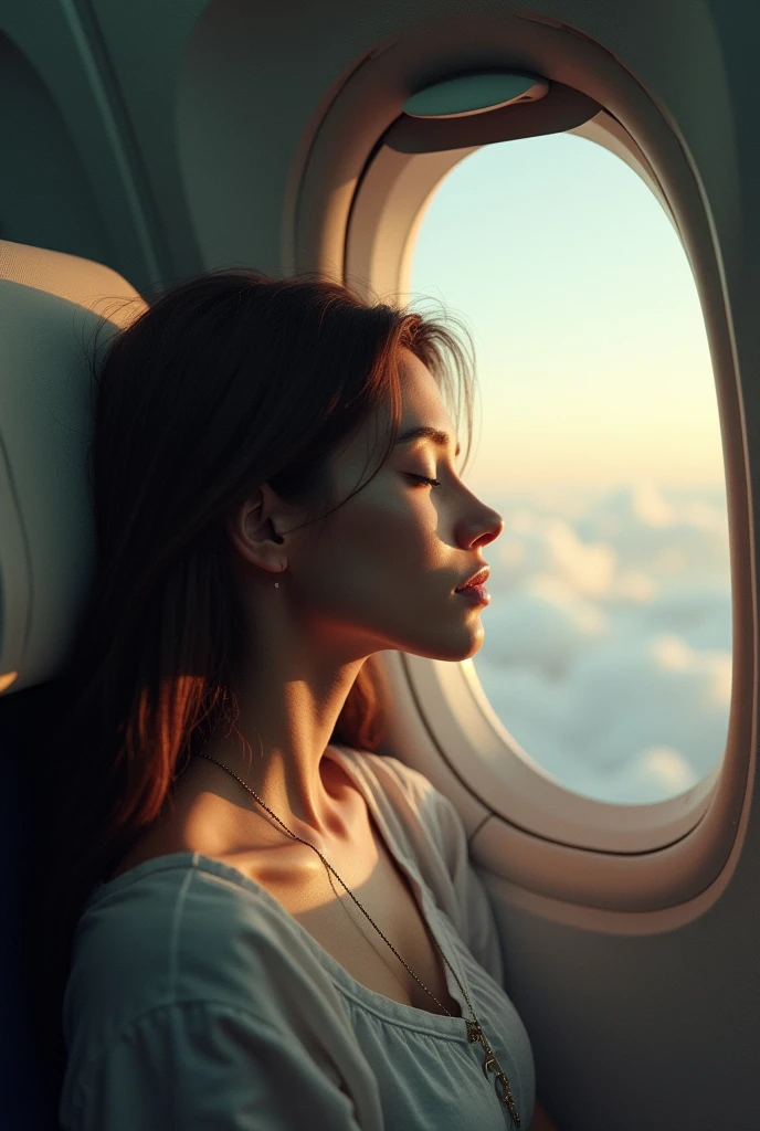 An image showing a woman sleeping on the window of an airplane