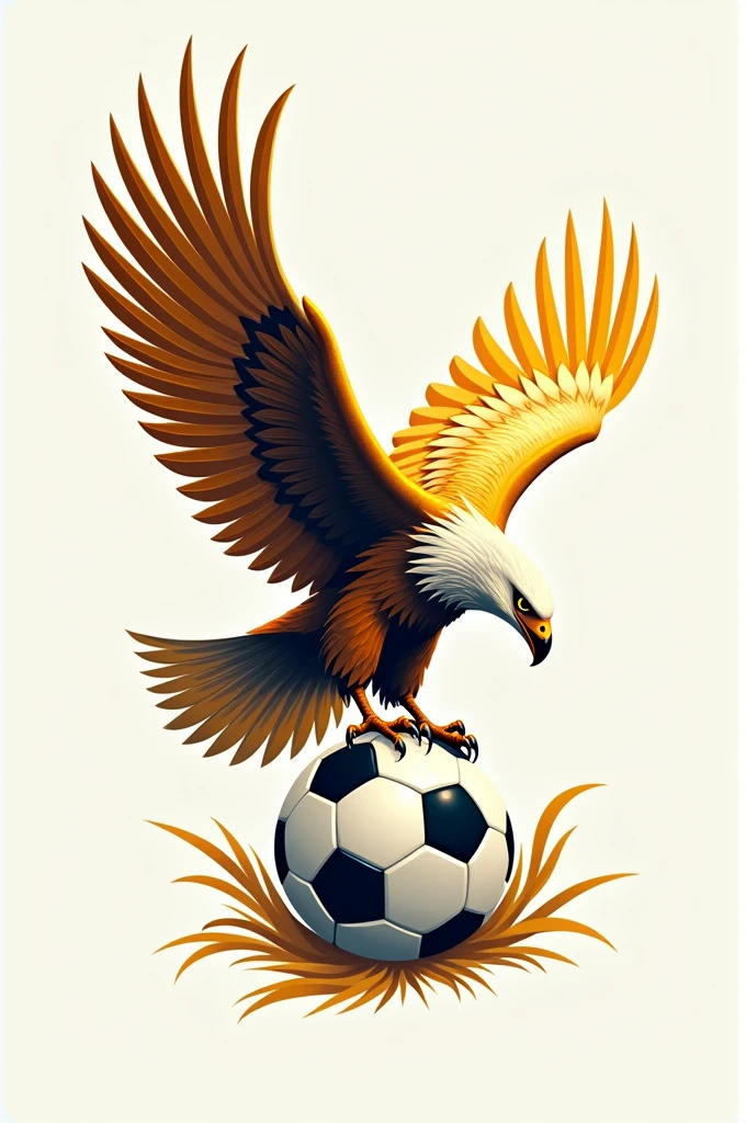 Logo design featuring a majestic eagle in golden tones, flying on a soccer ball. North Eagles' typography is dynamic and modern, perfectly combining the elements of football and nature