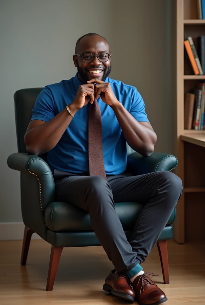 A black man smiling, baldie, blue polo shirt, dark brown tie and pants with elegant sneakers, sitting in a desk chair with his hand on his chin