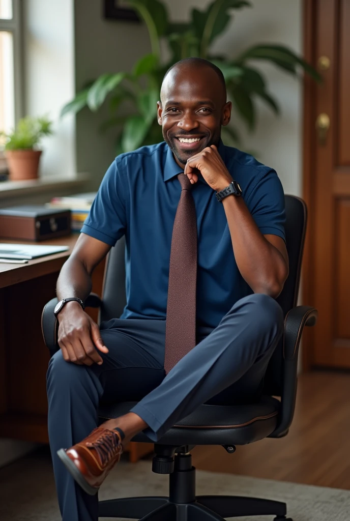 A black man smiling, baldie, blue polo shirt, dark brown tie and pants with elegant sneakers, sitting in a desk chair with his hand on his chin