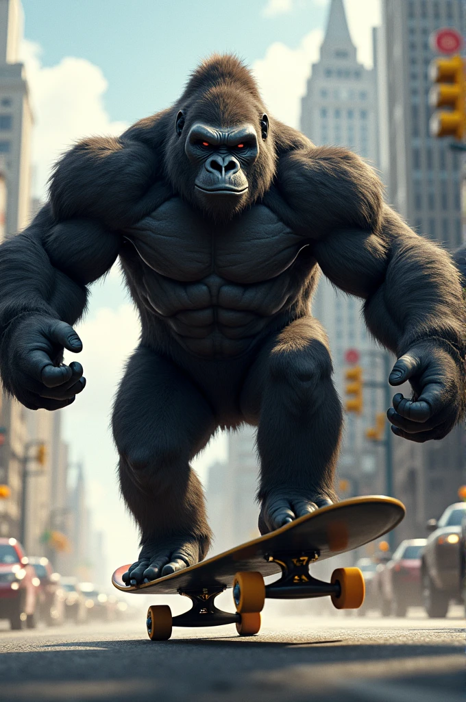 Generate an image of a gorilla riding a skate board 