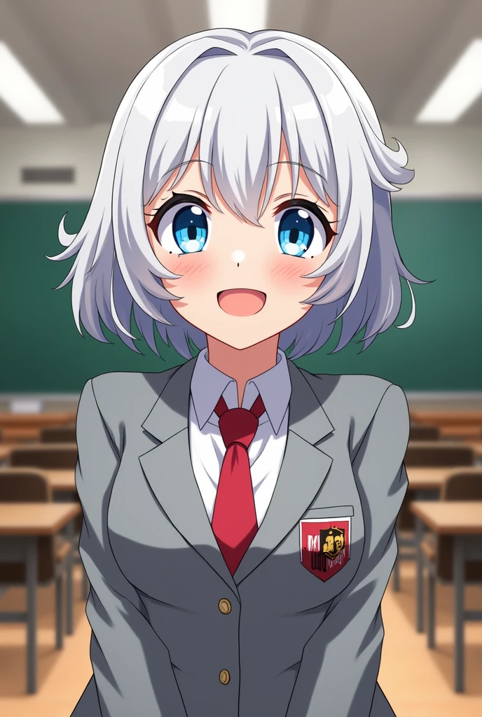 Screenshot my hero academia a girl with short wavy light white hair with black highlights . With blue slanted eyes, wearing her UA school uniform ( gray jacket with red tie) being in a classroom and happy expression 