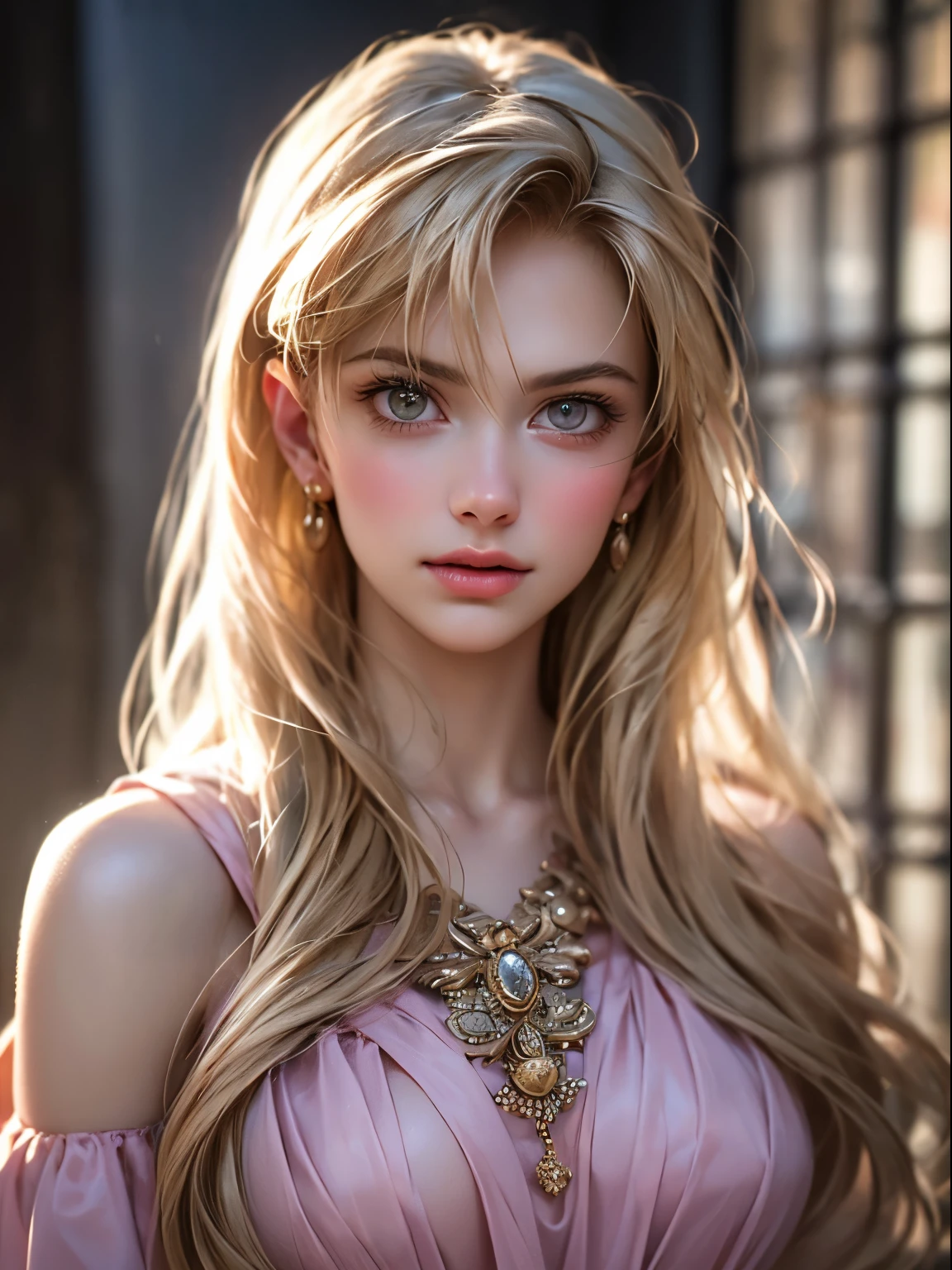 (Highest Quality,4K,8K,High Resolution,Masterpiece:1.2),Super Detail, (Realistic,Photorealistic,Photorealism:1.37),Full Body Portrait,One Girl,Perfect Hourglass Illustration,Exquisite Features,Mysterious Eyes,ColourfuFloral Dress,Bare Shoulders,Blushing,Shy,Blonde Long Hair, Looking at audience, Large breasts, Depth of written border, High definition image, Thin waist