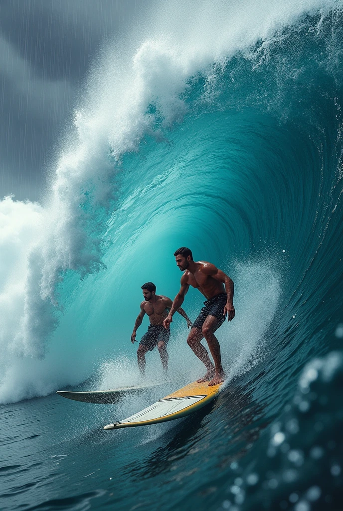 I created two men surfing a 100 meter wave in a storm
