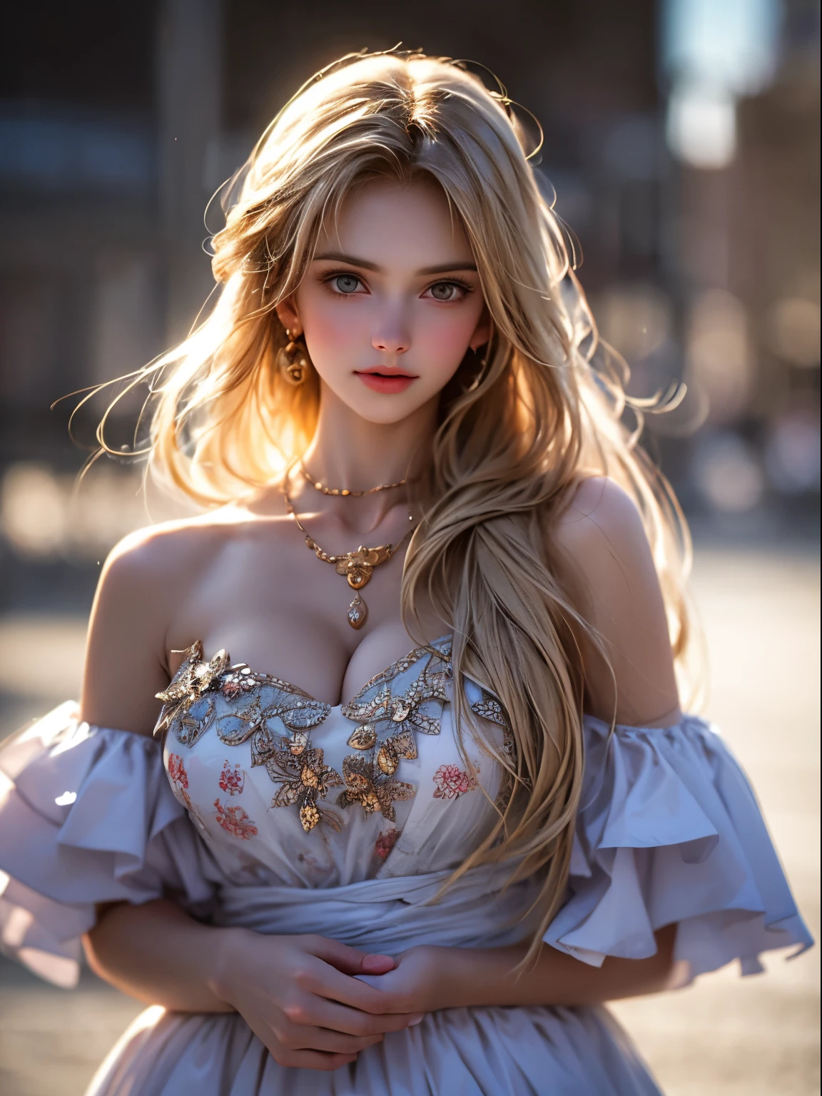 (Highest Quality,4K,8K,High Resolution,Masterpiece:1.2),Super Detail, (Realistic,Photorealistic,Photorealism:1.37),Full Body Portrait,One Girl,Perfect Hourglass Illustration,Exquisite Features,Mysterious Eyes,ColourfuFloral Dress,Bare Shoulders,Blushing,Shy,Blonde Long Hair, Looking at audience, Large breasts, Depth of written border, High definition image, Thin waist