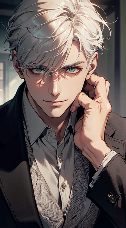 ((a man, very handsome, smile in love, short grey white hair, green eyes, perfect face without errors)), ((buttonthe jacket, CEO)), (best quality, masterpiece, 8K, photorealistic, cinematic lighting, hdr image, ultra detailed, beautiful image), (portrait, detailed facial features, intricate textures, realistic skin tones, highly detailed, ultra-realistic), (warm lighting, soft shadows, dramatic lighting), (muted color palette, rich tones), (professional photography, high resolution, studio lighting)