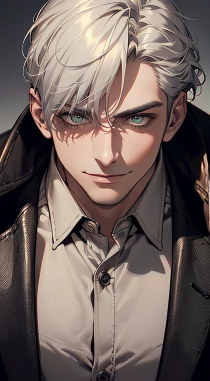 ((a mature man, very handsome, smile in love, short grey white hair, green eyes, perfect face without errors)), ((buttoning the jacket, CEO)), (best quality, masterpiece, 8K, photorealistic, cinematic lighting, hdr image, ultra detailed, beautiful image), (portrait, detailed facial features, intricate textures, realistic skin tones, highly detailed, ultra-realistic), (warm lighting, soft shadows, dramatic lighting), (muted color palette, rich tones), (professional photography, high resolution, studio lighting)