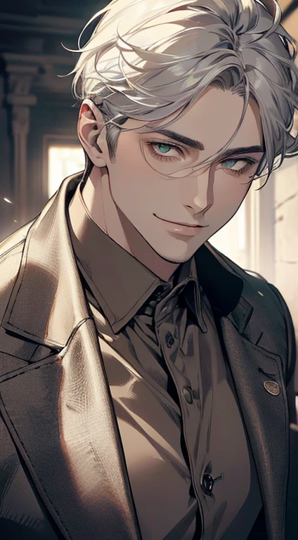 ((a mature man, very handsome, smile in love, short grey white hair, green eyes, perfect face without errors)), ((buttoning the jacket, CEO)), (best quality, masterpiece, 8K, photorealistic, cinematic lighting, hdr image, ultra detailed, beautiful image), (portrait, detailed facial features, intricate textures, realistic skin tones, highly detailed, ultra-realistic), (warm lighting, soft shadows, dramatic lighting), (muted color palette, rich tones), (professional photography, high resolution, studio lighting)