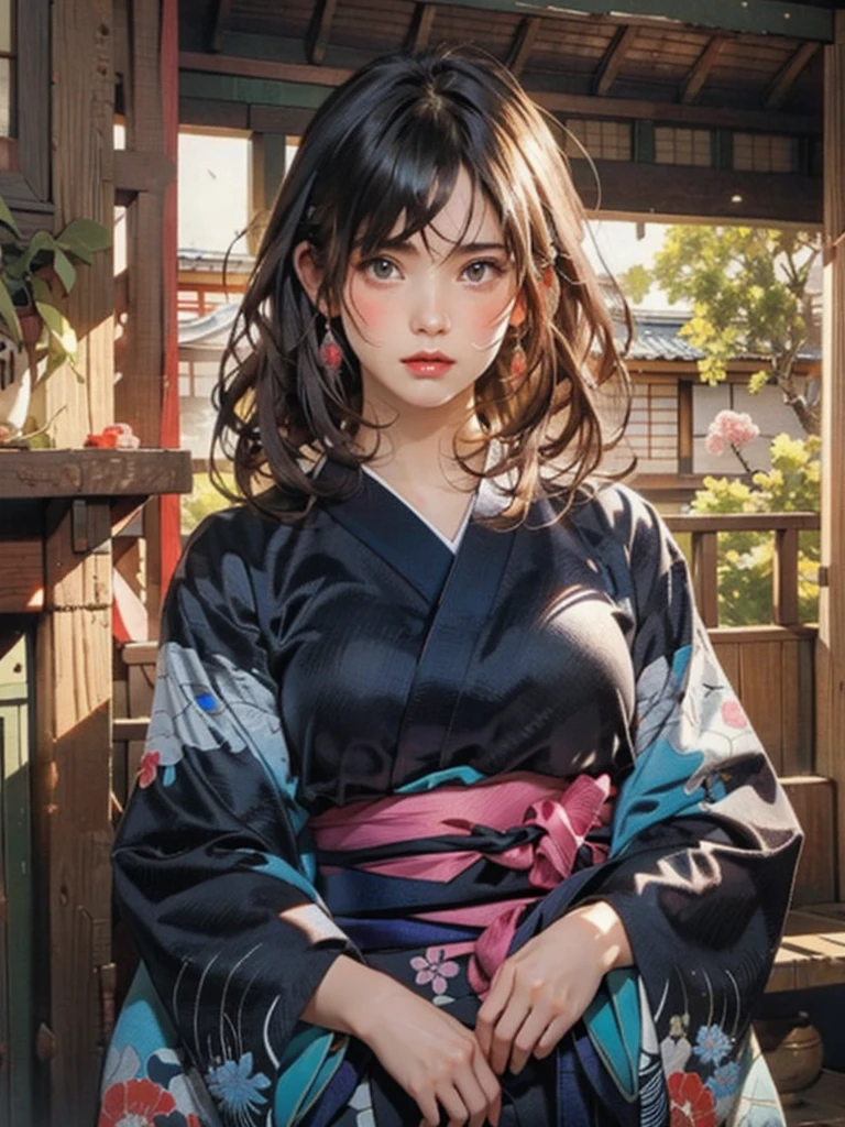 (highest quality、8k、32k、masterpiece)、(masterpiece, up to date,Exceptional:1.2), Anime, One girl,Front hair,black_hair, Beautiful 8k eyes,Looking_in_Audience,One person in,Are standing,((Very beautiful woman, Fuller lips, Japanese pintern kimono))、((Colorful Japanese kimono)))、(((Medium Shot)))、Blunt bung、(High resolution)、Very beautiful face and eyes、1 girl 、Round and small face、Narrow waist、delicine body、(highest quality high detail Rich skin details)、(highest quality、8k、Oil paints:1.2)、Very detailed、(Realistic、Realistic:1.37)、Bright colors、(((blackhair)))、(((longhair)))、(((cowboy pictures)))、((( Inside an old Japanese house)))、(masterpiece, highest quality, highest quality, Official Art, beautifully、aesthetic:1.2), (One girl), Very detailedな,(Fractal Art:1.3),colorful,Most detailed,Sengoku period(High resolution)、Very beautiful face and eyes、1 girl 、Round and small face、Tight waist、Delicine body、(highest quality high detail Rich skin details)、(highest quality、8k、Oil paints:1.2)、(Realistic、Realistic:1.37)、Greg Rutkowski Written by Alphonse Mucha Ropp, sun lips
