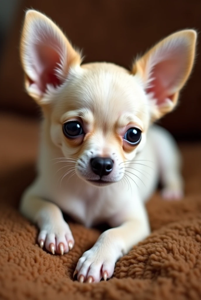 small, cream-colored Chihuahua with large ears and dark eyes lying on a brown furry surface. The Chihuahua has its front left paw extended forward and is looking directly at the viewer with a slight head tilt, giving it an attentive and curious appearance.