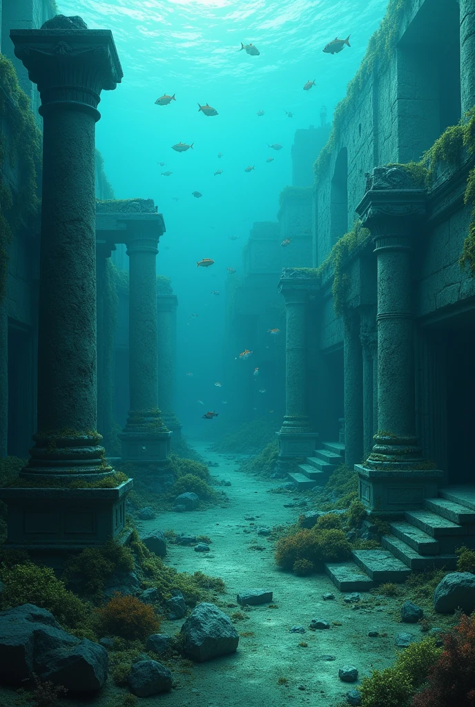 Create images of the lost city of Atlantis on the ocean floor in ruins