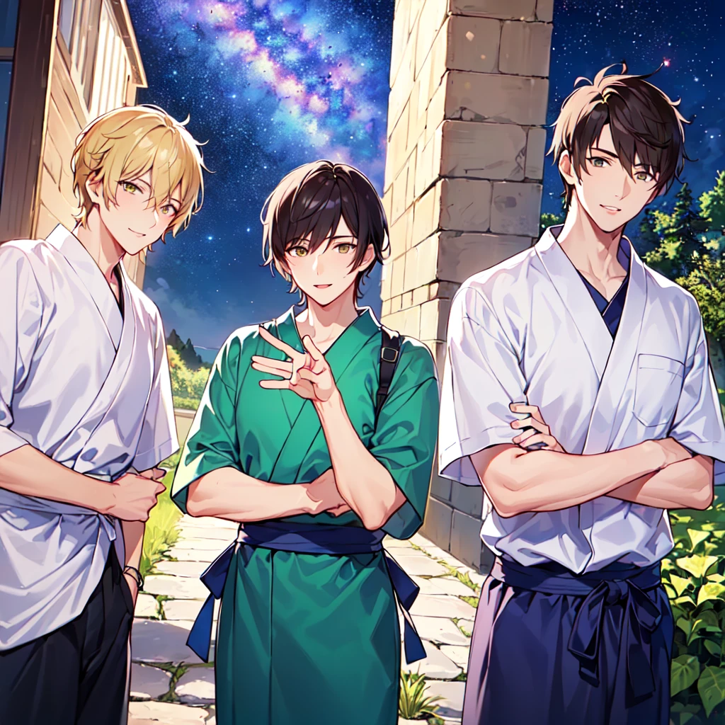 masterpiece, best quality, high quality, extremely detailed, (3 male handsome men age 20 years oldthree alone: 1.5), (short short hair up to neck, bangs to eyes: 1.5), (hair color brown), (eyes yellowish green: 1.3), 8 head tall, (short-sleeved yukata fashion, apron with pants: 1.3), (welcome pose), (dynamic pose), (smile: 1.3), (background summer garden: 1.3), (Milky Way Night Sky:1.3), (group shot: 1.3)