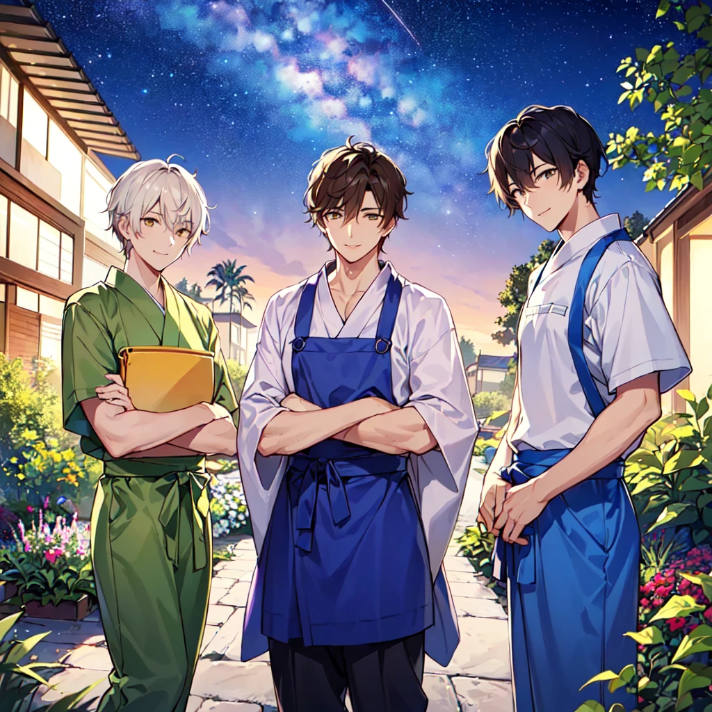 masterpiece, best quality, high quality, extremely detailed, (3 male handsome men age 20 years oldthree alone: 1.5), (short short hair up to neck, bangs to eyes: 1.5), (hair color brown), (eyes yellowish green: 1.3), 8 head tall, (short-sleeved yukata fashion, apron with pants: 1.3), (welcome pose), (dynamic pose), (smile: 1.3), (background summer garden: 1.3), (Milky Way Night Sky:1.3), (group shot: 1.3)