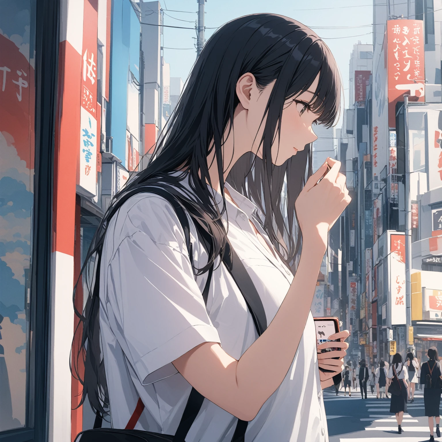 Highest quality, masterpiece, Ultra-high resolution,Landscape, profile, 1 person, Japanese schoolgirl, uniform, Black Hair, long hair, A street like Shibuya in Japan, summer, sunny, Looking down at smartphone, Upper Body, The right move, Five fingers,