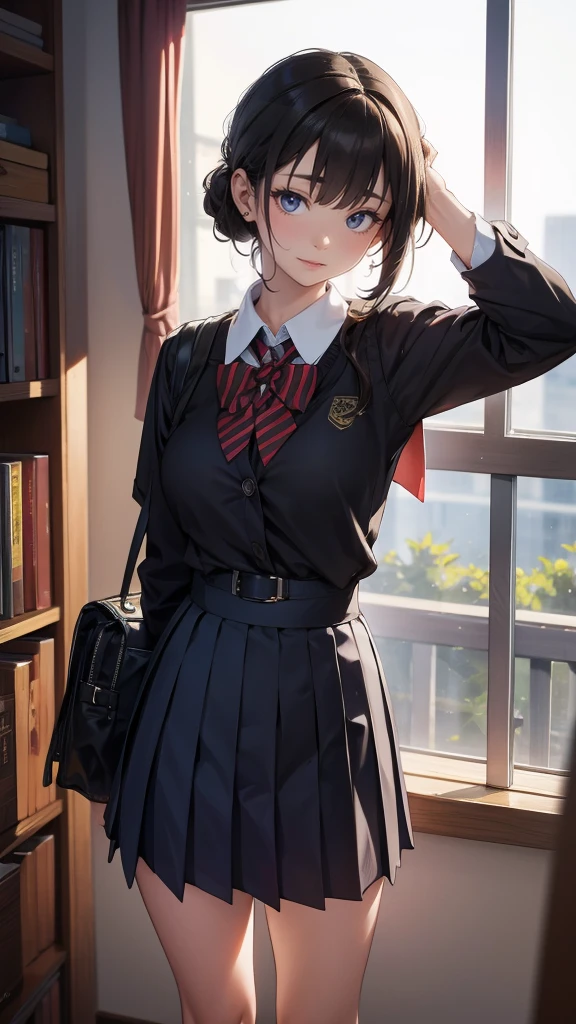 ((clothed:1.5,school uniform:1.5)),(from below:1.2),(Thin type:1.8),(big breasts),(random hairstyle),(Highest image quality,(8k),ultra-realistic,best quality, high quality, high definition, high quality texture,high detail,beautiful detailed,fine detailed,extremely detailed cg,detailed texture,a realistic representation of the face,masterpiece,Sense of presence)