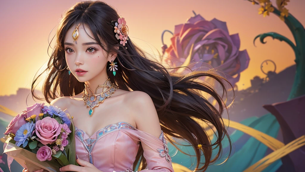 32K, 最高quality, 最高masterpiece, (ultra-Detailed Background, Detailed Background), High resolution, Super detailed, Very detailedな, One girl, (bouquet:1.3), (Tangled:1.2), (Geometric:1.2),(colorful),(masterpiece, quality, best quality, Official Art, Beautiful and beautiful:1.2), (1 girl:1.3), Very detailed,(colorful:1.1)(Flowers:1.3),Most detailed,(Tangled:1.2), whole body, (Abstract background:1.3), (Skin glows), (Many colors:1.4), ,(Earrings Jewelry:1.5), Pink Background,