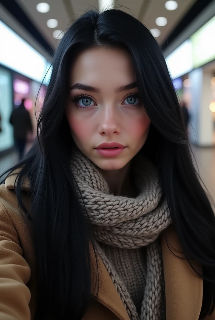 fully arafed woman fully, ultra realistic, meticulously detailed, portrait of Amouranth, long black hair and large blue eyes, natural makeup, looking directly to the camera, subtle makeup, taking selfie in a mall, winter coat, scarf, knitted jumper, medium size bust.