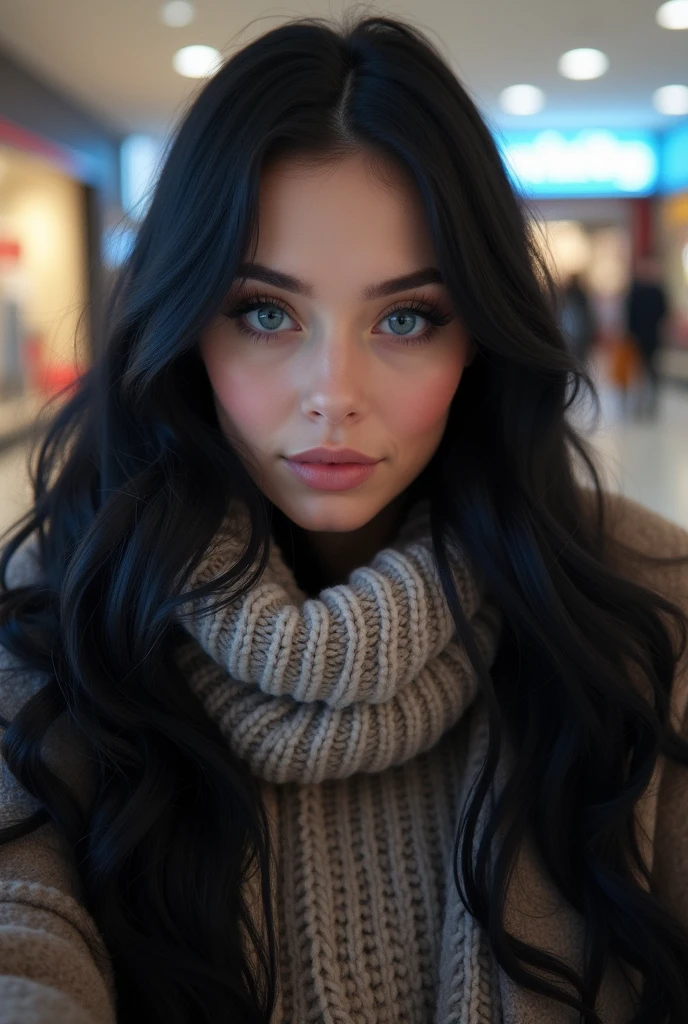 fully arafed woman fully, ultra realistic, meticulously detailed, portrait of Amouranth, long black hair and large blue eyes, natural makeup, looking directly to the camera, subtle makeup, taking selfie in a mall, winter coat, scarf, knitted jumper, medium size bust.