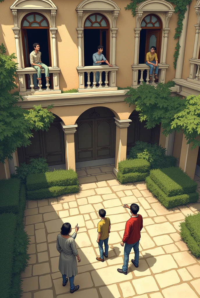 An illustration of three people in a courtyard looking up at someone on the second floor