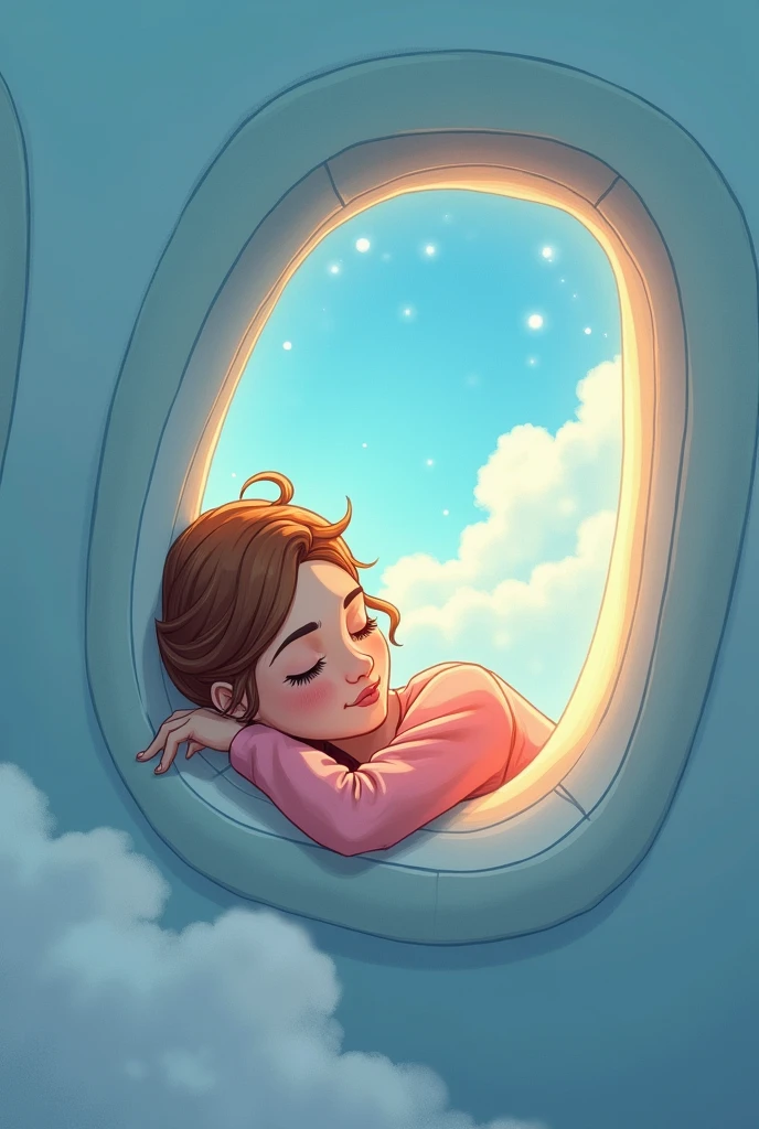 An image showing a woman sleeping on the window of an airplane from outside animated