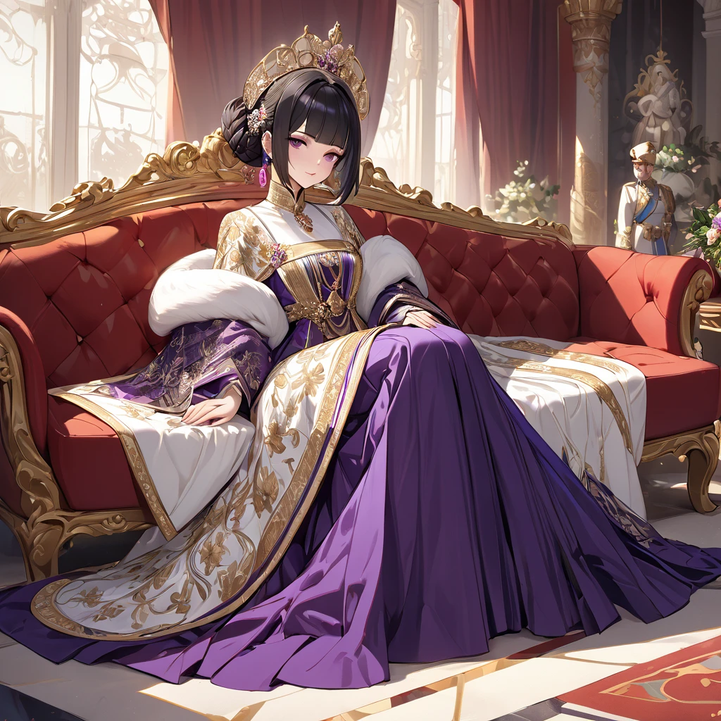 ((Highest quality)), ((masterpiece)), (detailed), (Perfect Face)、The woman is Shinobu Kocho, a Russian with black hair with purple gradient ends, tied in a bob hairstyle, an elegant, graceful and beautiful Russian noblewoman, and the Empress of the Great Russian Empire.、The woman is beautifully dressed in the gorgeous, glittering gold-colored Russian court dress of an ancient Russian empress, accessorized with luxurious accessories and kokoshniks.、The woman is standing next to a great and dignified old Russian emperor.、The woman sits snuggled up to the great old Russian Tsar on a luxurious sofa in the palace.