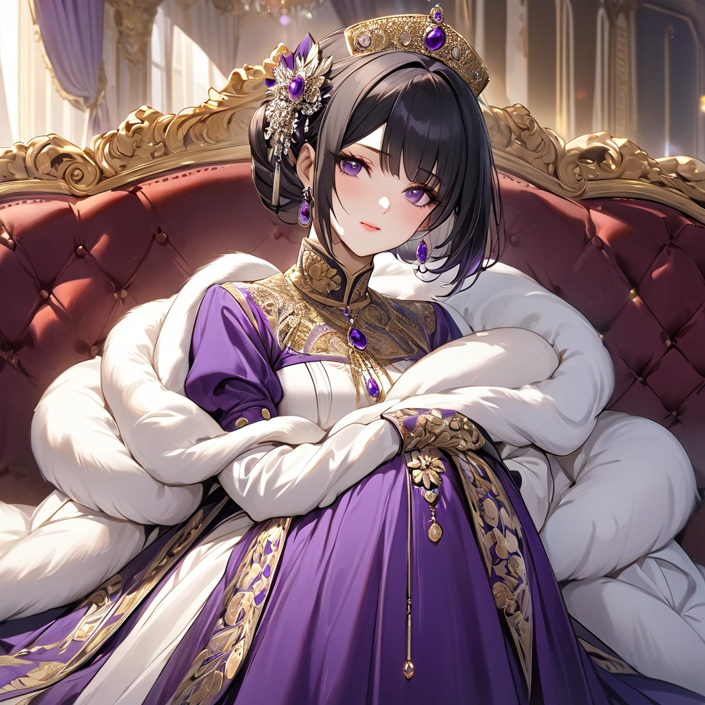 ((Highest quality)), ((masterpiece)), (detailed), (Perfect Face)、The woman is Shinobu Kocho, a Russian with black hair with purple gradient ends, tied in a bob hairstyle, an elegant, graceful and beautiful Russian noblewoman, and the Empress of the Great Russian Empire.、The woman is beautifully dressed in the gorgeous, glittering gold-colored Russian court dress of an ancient Russian empress, accessorized with luxurious accessories and kokoshniks.、The woman is standing next to a great and dignified old Russian emperor.、The woman sits snuggled up to the great old Russian Tsar on a luxurious sofa in the palace.