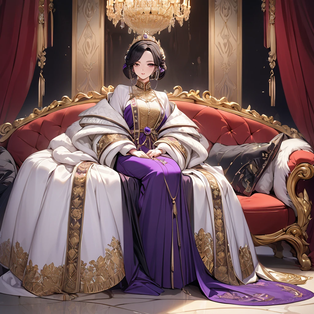 ((Highest quality)), ((masterpiece)), (detailed), (Perfect Face)、The woman is Shinobu Kocho, a Russian with black hair with purple gradient ends, tied in a bob hairstyle, an elegant, graceful and beautiful Russian noblewoman, and the Empress of the Great Russian Empire.、The woman is beautifully dressed in the gorgeous, glittering gold-colored Russian court dress of an ancient Russian empress, accessorized with luxurious accessories and kokoshniks.、The woman is standing next to a great and dignified old Russian emperor.、The woman sits snuggled up to the great old Russian Tsar on a luxurious sofa in the palace.
