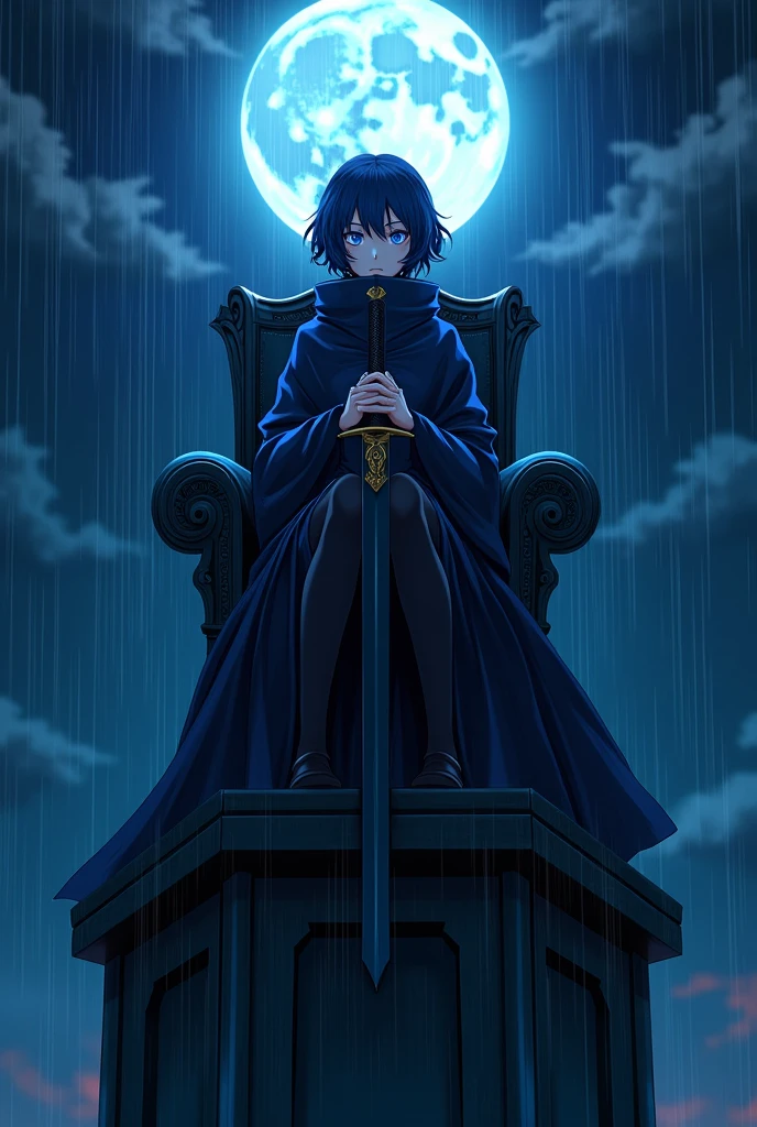 create an image of an anime girl sitting on thronethrone in top of a building, with a sadic expression on her face, short curled hair hiding her ears, blue eyes and an long dark blue akatsuki clothe and a pair of black stockings completely covering your legs, under the heavy rain and a full moon. half of his face is hiding by blue and flourescent shadows. she has a black long sword