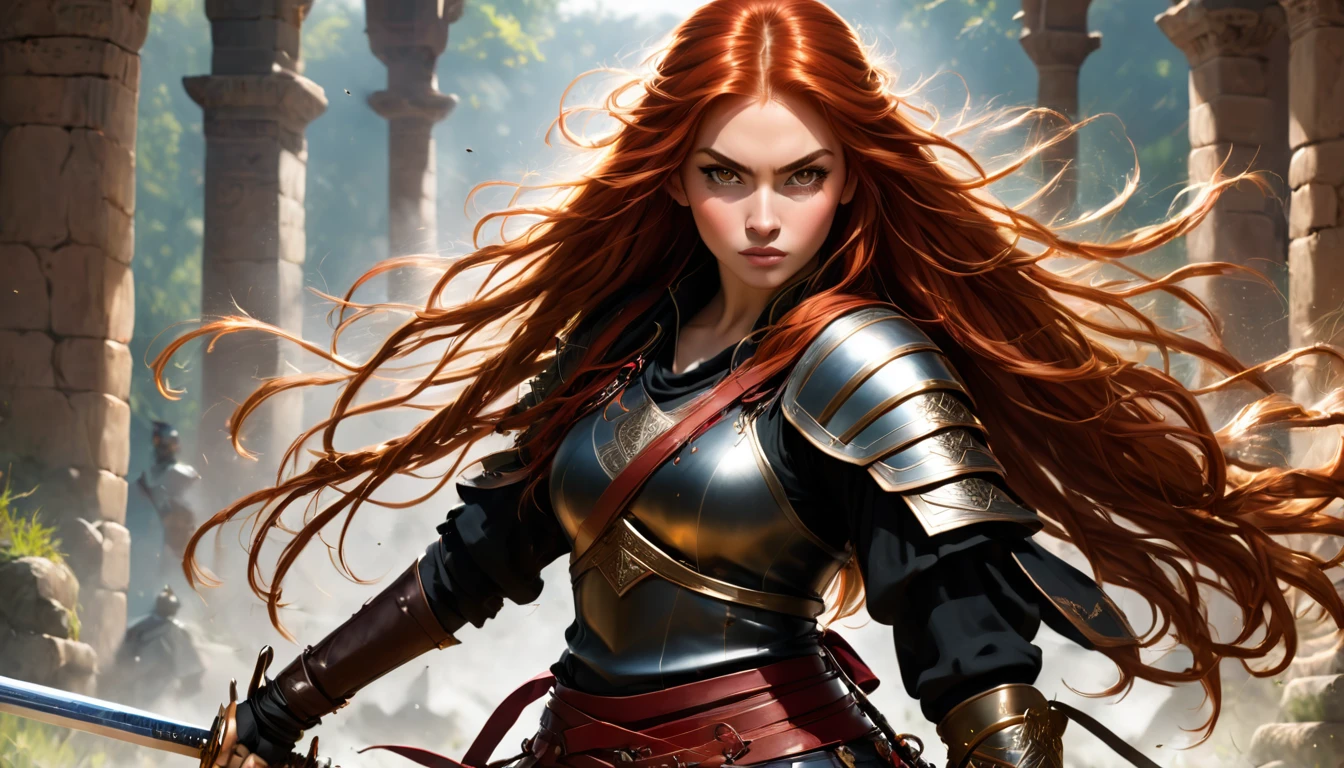 a PHOTO Nayane Laura Menequel XX weeks13, a beautiful young woman with a serene warrior appearance, detailed light honey-colored eyes, long red hair, SHE IS wielding a two-handed long sword and wearing black boots, and in a fighting pose with her hands on sword and with knees bent