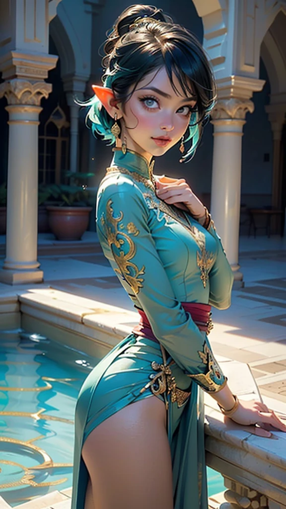 cute loli elf,(((little ,tiny little body,little))),(((6 years old))),((anime elf  with extremely cute and beautiful aqua hair)), (((elf,elf ears))),

((lesbian,yuri)),(((flat chest))),((((aqua hair:1.35,undercut aqua hair,short hair,colored inner hair,ear breathing)))),(((aqua_eyes:1.3))),intricate eyes,beautiful detailed eyes,symmetrical eyes,big eyes:1.5,(((dark skin,dark_skin,lustrous skin:1.5,bright skin: 1.5,skin tanned,shiny skin,very shiny skin,shiny body,plastic glitter skin,exaggerated shiny skin,illuminated skin))),(,detailed body,(detailed face)),

cute,slutty,erotic,daring,(((nsfw))),

zettai ryouiki,revealing clothing,show skin,(((Sexy aqua arabian clothes, aqua arabian outfit, wearing a aqua sexy arabian clothes:1.3))),((wearing a arabian dress:1.3,arabian dress,elegant arabian dress)),(aqua clothes,semi-naked,with little aqua clothing),(((intricate outfit,intricate clothes,embroidered outfit,ornate outfit,embroidered clothes,ornate clothes))),

(dynamic pose:1.0),embarrassed,(centered,scale to fit dimensions,Rule of thirds),

((beautiful bath house made of arab marble and arab pillars, beautiful clear water in pool)),scenery:1.25,((intricate scenery)),((arab palace background)),extremely scenery,(sunset, golden hour),

(Glossy winter ornaments),highres,sharp focus,(ultra detailed,extremely detailed),(photorealistic artwork:1.37),(extremely detailed CG unity 8k wallpaper),(((vibrant colors,vibrant theme))),(intricate),(masterpiece),(best quality),artistic photography,(photography taken by sldr),(intricate background),perfect rendered face,perfect face details,realistic face,photo realistic,((intricate detail)),(((realism))),
