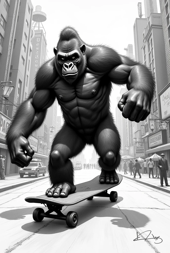 Generate a sketch of a gorilla riding a skate board