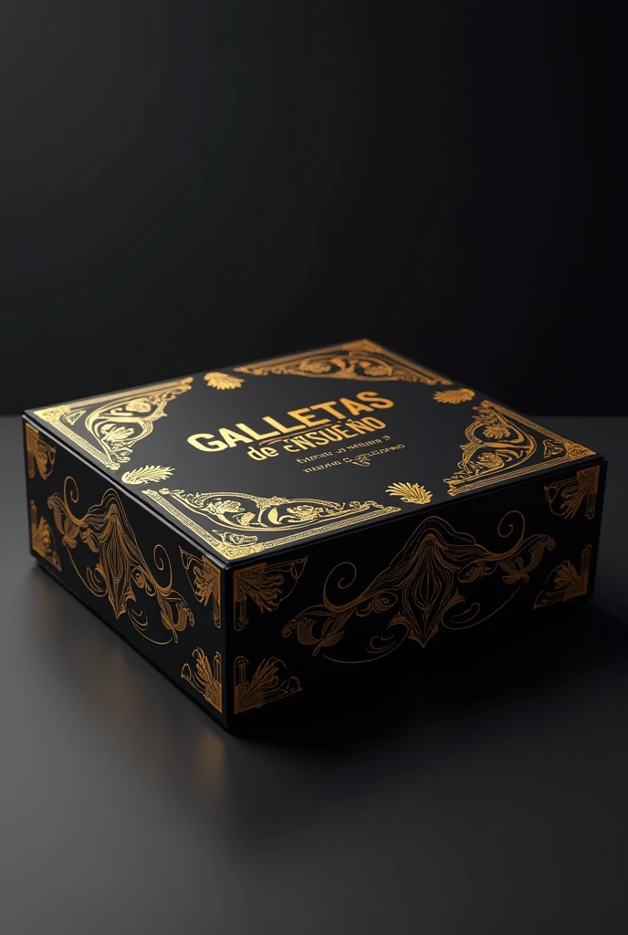 A black cookie box with gold designs writing GALLETAS de ENSUEÑO  